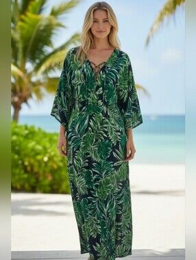 Onshore Tropical Palm Leaf Print Rayon Maxi Dress Cover Up One Size NWT